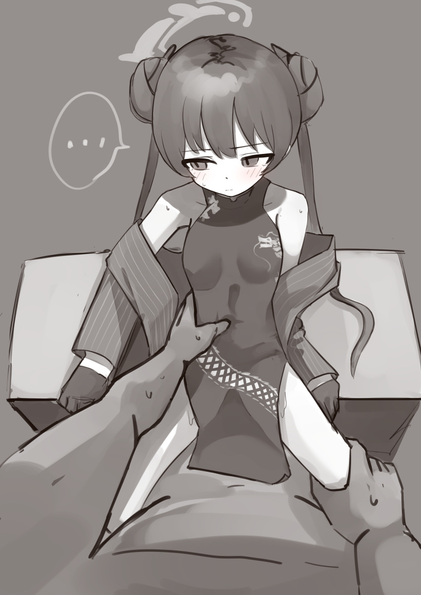 ... 1boy 1girl absurdres bare_shoulders blue_archive blush breasts china_dress chinese_clothes clothed_female_nude_male double_bun dress embarrassed gloves grabbing grey_background hair_bun highres jacket kisaki_(blue_archive) leg_grab looking_to_the_side monochrome nude on_table pepsi2330 sketch small_breasts speech_bubble spread_legs striped sweat table tight tight_dress twintails