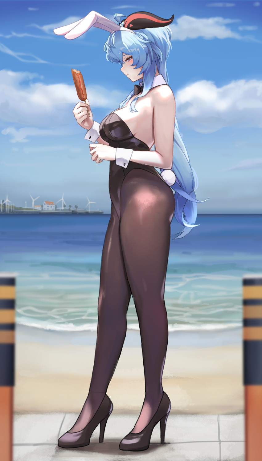 1girl absurdres ahoge animal_ears bangs bare_shoulders beach bell black_footwear black_leotard black_pantyhose blue_hair blue_sky blush breasts brown_pantyhose collar detached_collar dolri fake_animal_ears fake_tail food full_body ganyu_(genshin_impact) genshin_impact high_heels highleg highleg_leotard highres horns large_breasts leotard long_hair pantyhose playboy_bunny purple_eyes rabbit_ears rabbit_tail sausage shore sidelocks sky solo tail wrist_cuffs