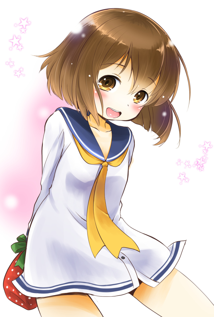 1girl blue_sailor_collar brown_eyes brown_hair cowboy_shot dress food fruit highres kantai_collection looking_at_viewer neckerchief no_headgear open_mouth sailor_collar sailor_dress short_hair smile solo strawberry taisinkoku teeth upper_teeth_only white_dress yellow_neckerchief yukikaze_(kancolle)