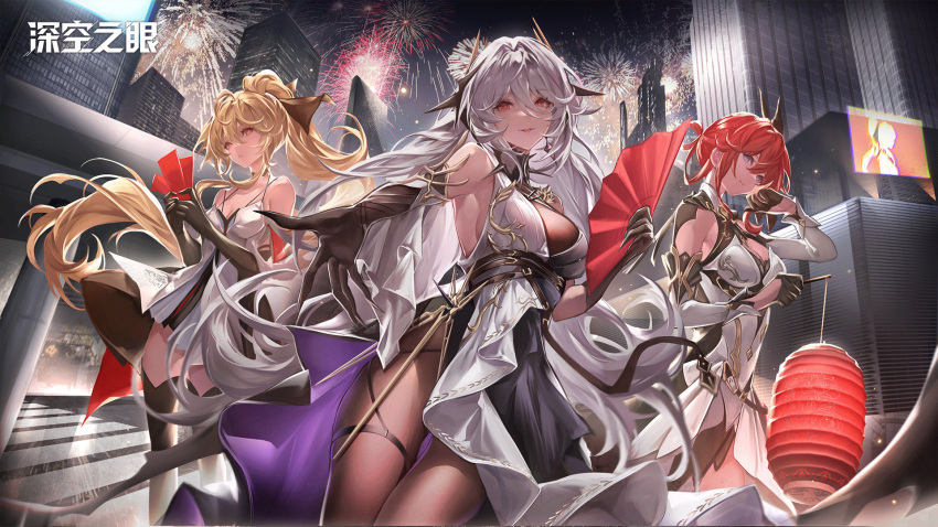 3girls aether_gazer artist_request athena_(aether_gazer) bangs bare_shoulders black_dress black_gloves breasts claws dress earrings gloves hades_(aether_gazer) hera_(aether_gazer) highres jewelry long_hair looking_at_viewer multicolored_clothes multiple_girls official_art red_eyes skirt very_long_hair white_hair