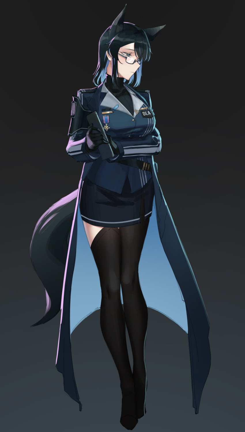 1girl absurdres animal_ears black_hair choker commentary dangodes english_commentary fox_ears fox_tail full_body glasses gloves gradient_hair highres looking_away medal military military_uniform multicolored_hair original pencil_skirt simple_background skirt solo starsector tail thighhighs uniform