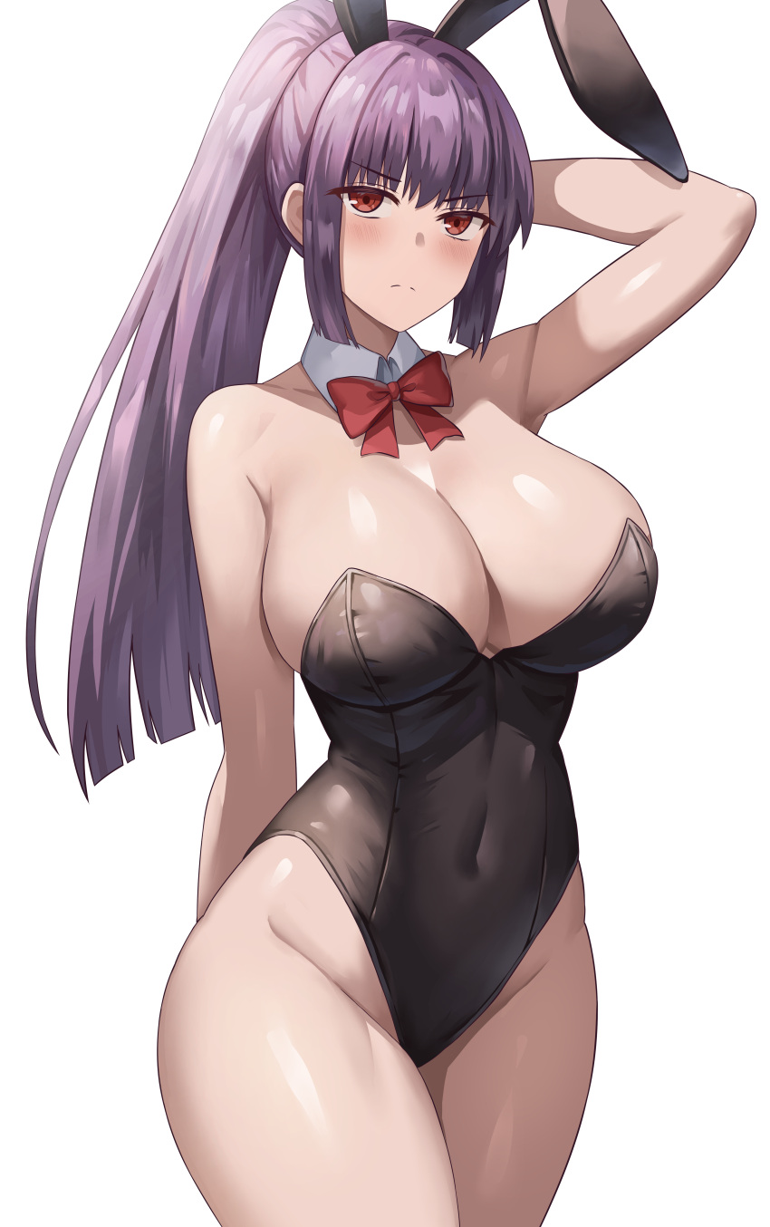 1girl absurdres animal_ears arm_behind_back arm_up bangs bare_arms bare_shoulders black_leotard blush bow bowtie breasts cleavage closed_mouth covered_navel cowboy_shot detached_collar fake_animal_ears highres ijiranaide_nagatoro-san jasony large_breasts leotard long_hair looking_at_viewer playboy_bunny ponytail purple_hair rabbit_ears red_bow red_bowtie red_eyes sidelocks simple_background sunomiya_sana thighs white_background