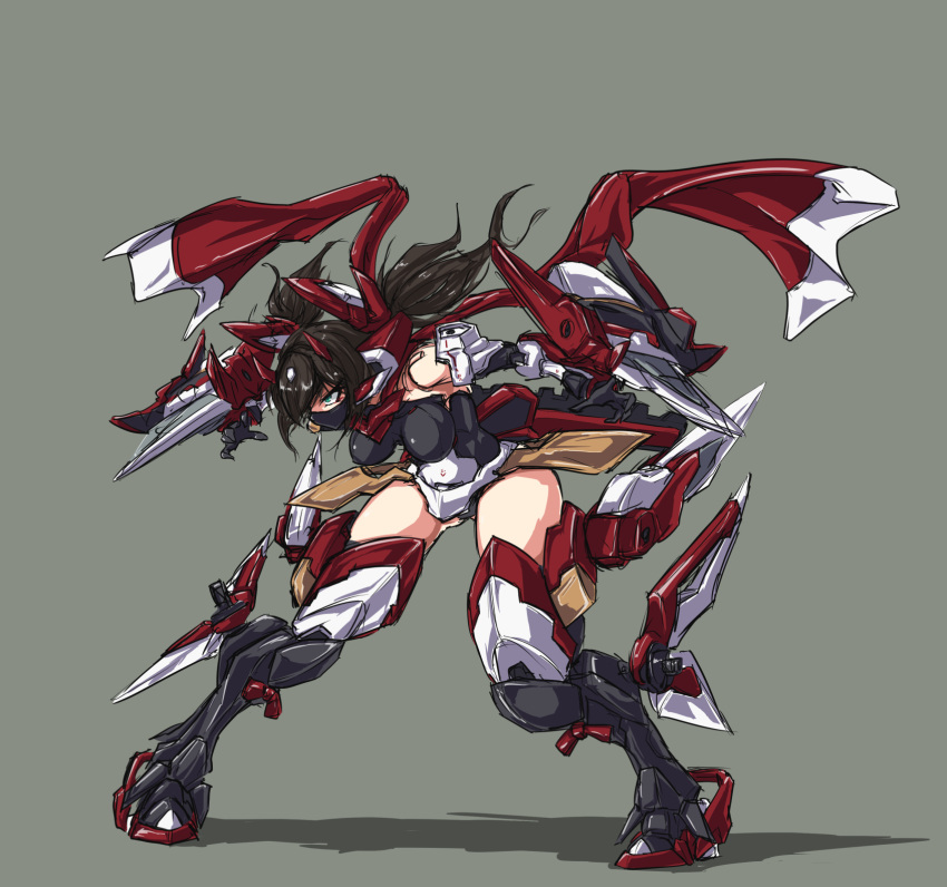 1girl armor asura_ninja bangs black_mask botda breasts brown_hair commentary_request dagger full_body green_eyes grey_background highres horns jamadhar knife large_breasts long_hair mask megami_device mouth_mask ninja ninja_mask red_scarf scarf sidelocks solo twintails weapon