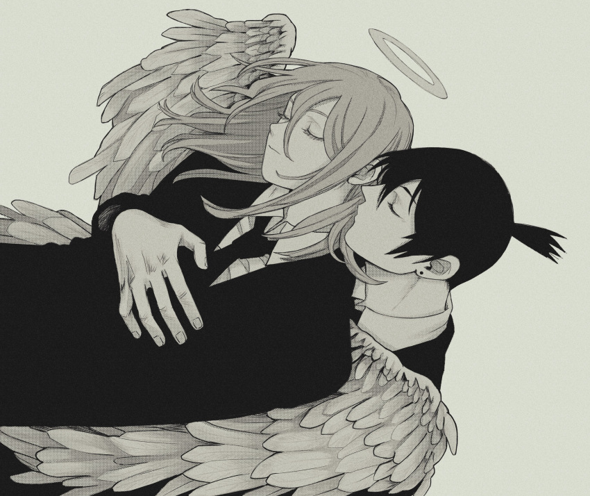 2boys angel angel_devil_(chainsaw_man) angel_wings black_hair chainsaw_man closed_eyes collared_shirt earrings facing_another facing_to_the_side florbetriz formal grey_background greyscale hair_between_eyes halo hayakawa_aki highres hug hug_from_behind implied_yaoi jewelry medium_hair monochrome multiple_boys necktie shirt shirt_tucked_in short_hair simple_background stud_earrings suit suit_jacket topknot wings