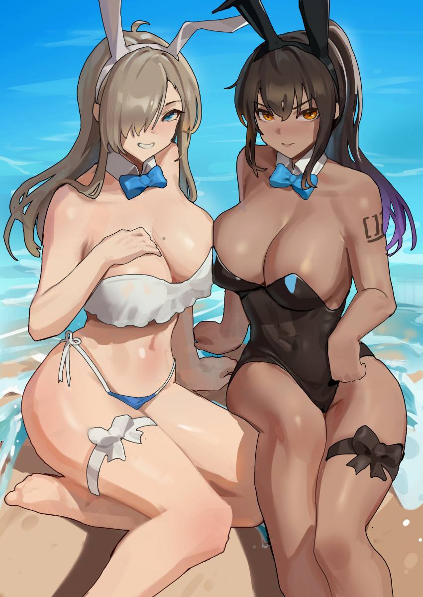 2girls absurdres animal_ears arm_support asuna_(blue_archive) asuna_(bunny)_(blue_archive) bare_shoulders beach black_hair black_leotard blue_archive blue_bow blue_bowtie blue_eyes bow bowtie breasts cleavage dark-skinned_female dark_skin detached_collar fake_animal_ears gradient_hair hair_over_one_eye highleg highleg_leotard highres karin_(blue_archive) karin_(bunny)_(blue_archive) large_breasts leotard light_brown_hair long_hair looking_at_viewer mole mole_on_breast multicolored_hair multiple_girls number_tattoo rabbit_ears sand shikube shore shoulder_tattoo strapless strapless_leotard tattoo traditional_bowtie water yellow_eyes