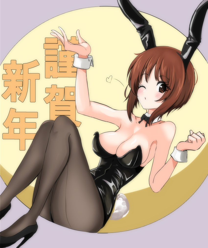 1girl absurdres aikir_(jml5160) animal_ears back-seamed_legwear background_text bangs black_bow black_bowtie black_footwear black_leotard black_pantyhose blowing_kiss blush bow bowtie breasts brown_eyes brown_hair chinese_zodiac collar detached_collar fake_animal_ears fake_tail girls_und_panzer happy_new_year heart high_heels highres legs leotard looking_at_viewer medium_breasts new_year nishizumi_miho one_eye_closed open_mouth pantyhose playboy_bunny rabbit_ears rabbit_tail seamed_legwear short_hair smile solo strapless strapless_leotard tail translated white_collar wrist_cuffs year_of_the_rabbit