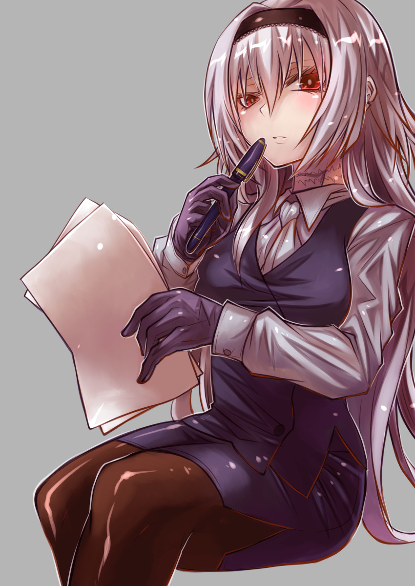 1girl absurdres blush breasts collared_shirt commission cowboy_shot dress_shirt girls'_frontline gloves hair_between_eyes hairband highres long_hair medium_breasts office_lady pantyhose red_eyes scar scar_on_neck second-party_source shirt sitting skeb_commission solo thunder_(girls'_frontline) very_long_hair vest yuuki_hiyayako