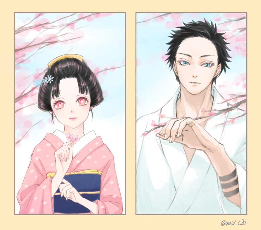 1boy 1girl arm_tattoo black_hair blue_eyes cherry_blossoms closed_mouth column_lineup day dougi flower hair_ornament hair_pulled_back hakuji_(kimetsu_no_yaiba) hand_up holding holding_flower japanese_clothes kimetsu_no_yaiba kimono koyuki_(kimetsu_no_yaiba) looking_at_viewer mid_t20 nature obi parted_lips pink_kimono red_eyes sash short_hair smile snowflake_hair_ornament tattoo twitter_username updo upper_body