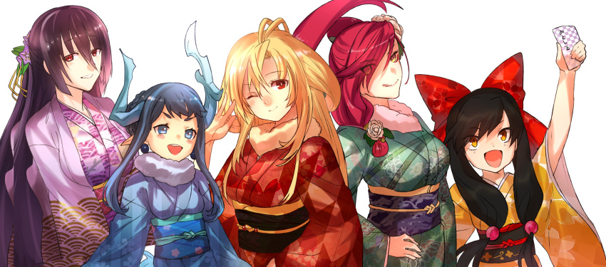 absurdres antenna_hair arms_at_sides black_hair blonde_hair blue_eyes blue_hair bow chiganemaru_(tenka_hyakken) dragon_horns floral_print flower fur_collar furiwakegami_hiromitsu hair_bow hair_flower hair_ornament hand_on_hip hand_up haori highres holding horns japanese_clothes kimono low_twintails mutsu-no-kami_yoshiyuki_(tenka_hyakken) namioyogi_kanemitsu obi obiage obijime onasu_(sawagani) one_eye_closed onikiri_yasutsuna otoshidama pointy_ears ponytail raised_eyebrows red_eyes red_hair sash smile tenka_hyakken tongue tongue_out twintails v-shaped_eyebrows yellow_eyes