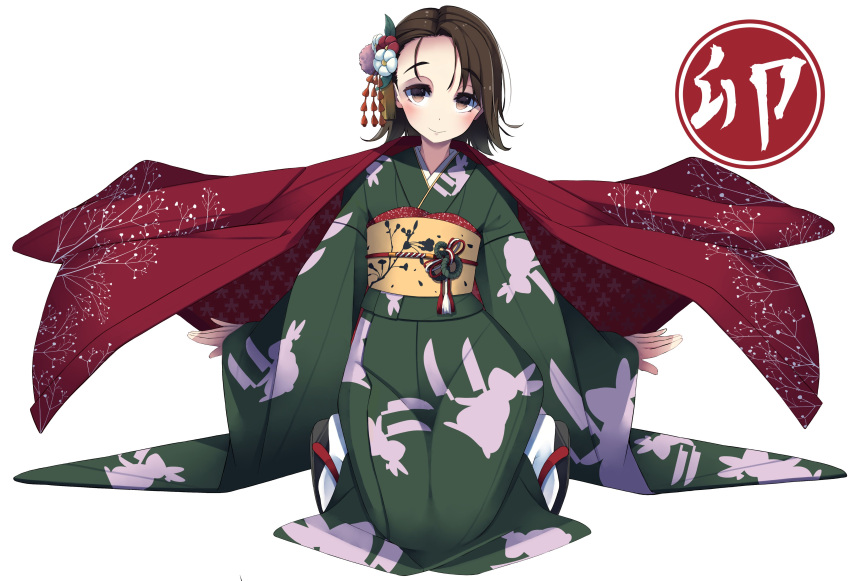 1girl absurdres bangs black_footwear brown_eyes brown_hair chinese_zodiac closed_mouth commentary_request flower full_body furisode girls_und_panzer green_kimono hair_flower hair_ornament haori highres jacket jacket_on_shoulders japanese_clothes kanji kimono kneeling knife long_sleeves looking_at_viewer new_year obi parted_bangs rabbit_print red_jacket sandals sash sattinittas sawa_azusa short_hair simple_background smile socks solo translated white_background white_socks wide_sleeves year_of_the_rabbit