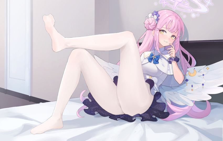 1girl absurdres angel_wings bed blue_archive blush chuck_(harfmoondark) feet halo highres legs mika_(blue_archive) nail_polish no_shoes panties pantyhose pink_hair scratching_cheek solo underwear white_panties white_pantyhose wings yellow_eyes