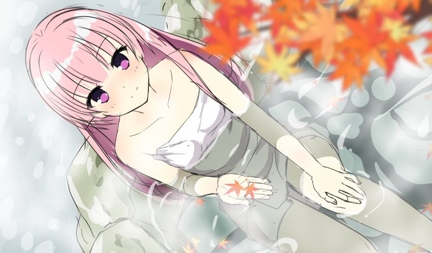 1girl 8kumagawa_(log) absurdres afloat_leaves autumn_leaves bangs bare_arms bare_shoulders blunt_bangs blush breasts closed_mouth collarbone commentary dutch_angle eyelashes from_above full-face_blush hand_on_own_knee highres knees_up legs long_hair looking_at_viewer mitsukasa_ayase naked_towel onsen pink_hair purple_eyes riddle_joker rock sitting sketch small_breasts smile solo straight_hair towel very_long_hair