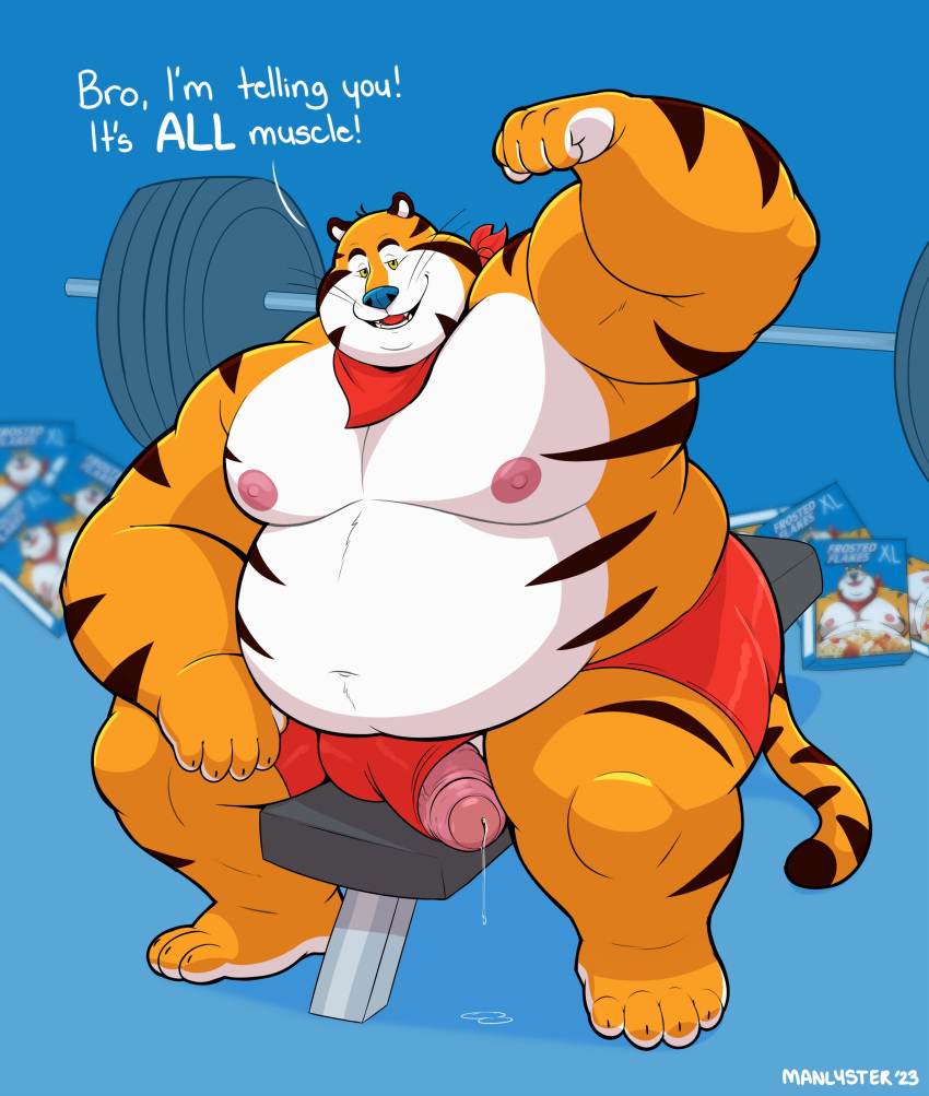 2023 absurd_res anthro blue_nose bodily_fluids bottomwear clothing felid frosted_flakes genital_fluids genitals hi_res kellogg's male mammal manlyster mascot moobs nipples obese obese_male overweight overweight_male pantherine penis precum shorts sitting solo tiger tony_the_tiger
