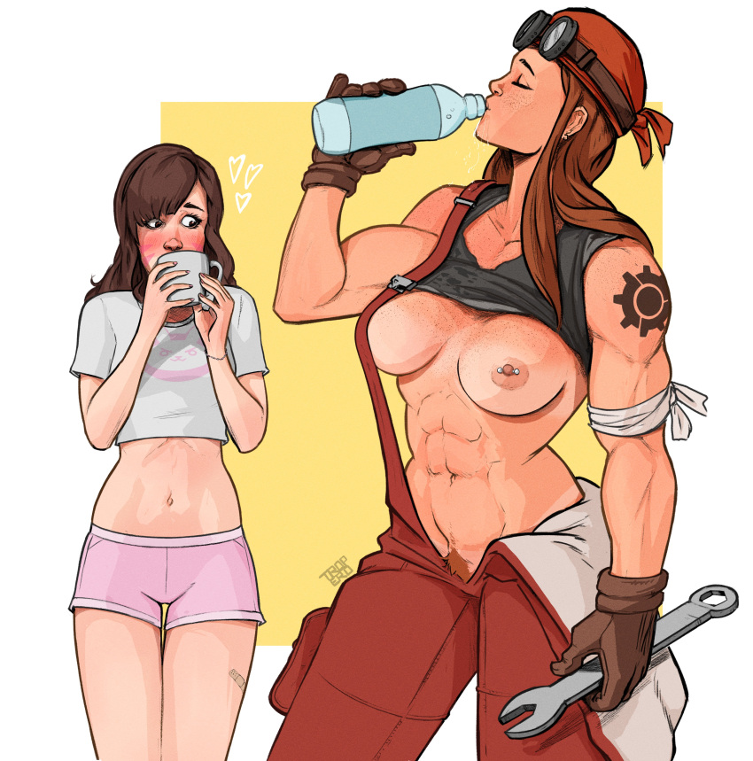abs absurdres arm_ribbon bandana biceps blush bottle breasts brigitte_(overwatch) brown_gloves brown_pubic_hair closed_eyes clothes_lift coffee_mug commentary crop_top cup d.va_(overwatch) drinking english_commentary facial_mark female_pubic_hair gloves goggles goggles_on_head height_difference highres holding holding_wrench large_breasts leather leather_gloves long_hair looking_at_another mechanic mug muscular muscular_female navel nearly_naked_overalls nipple_bar nipple_piercing nipples no_bra no_panties one_breast_out open_overalls overalls overwatch overwatch_2 piercing pink_shorts pubic_hair red_overalls ribbon shirt_lift shorts shoulder_tattoo standing tall_female tattoo tools tropero water_bottle whisker_markings wrench yuri