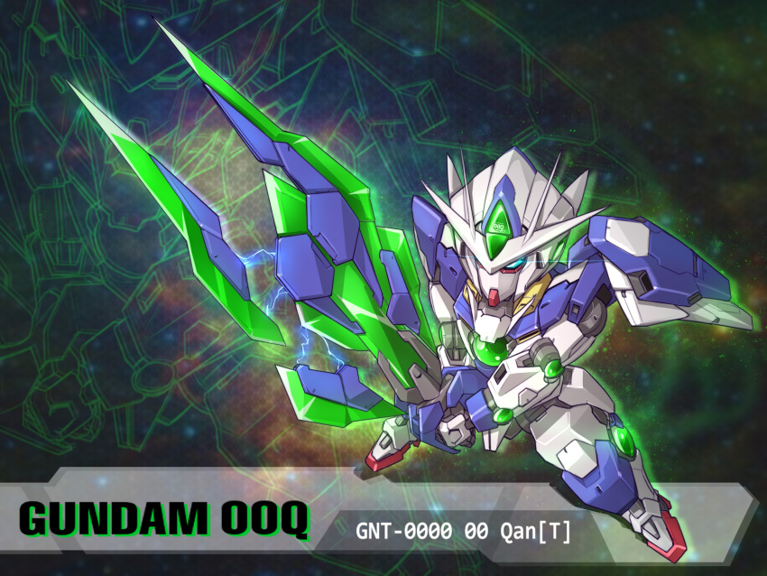 00_qan[t] bit_(gundam) blade blue_eyes character_name chibi electricity english_commentary english_text full_body funnels_(gundam) gundam gundam_00 gundam_00_a_wakening_of_the_trailblazer highres holding holding_sword holding_weapon kingofdraw light_particles mecha mobile_suit no_humans robot sd_gundam shield solo sword v-fin weapon