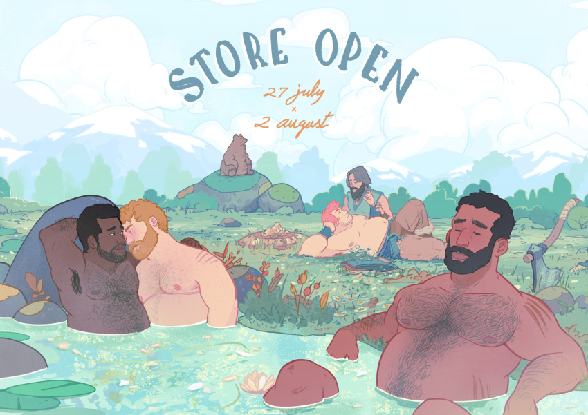 5boys arm_hair armpit_hair armpits axe bara bear bear-shaped_clouds beard bearscape belly blonde_hair blush body_freckles chest_hair cloud cloudy_sky completely_nude couple dark-skinned_male dark_skin facial_hair forehead-to-forehead forest freckles hairy heads_together highres interracial lake large_pectorals lily_pad magic:_the_gathering male_focus mature_male mountain multiple_boys mustache nature navel_hair nipples nude official_art pectorals petals pink_hair planted planted_axe plump ricardo_bessa shaped_cloud short_hair sky stomach topless_male tree water