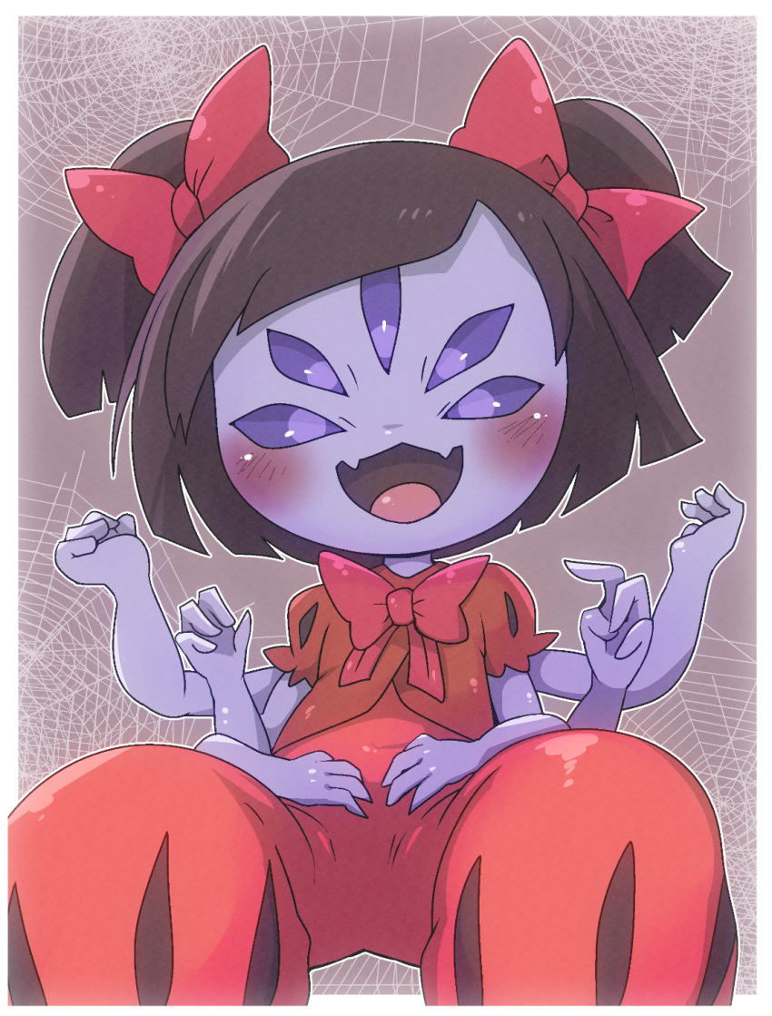 5_eyes 6_arms accessory animal_humanoid arachnid arachnid_humanoid arthropod arthropod_humanoid black_hair blush bow_ribbon bow_tie clothed clothing doneru fangs female frilly frilly_clothing hair hair_accessory hair_bow hair_ribbon hi_res humanoid looking_at_viewer muffet multi_arm multi_eye multi_limb purple_body ribbons simple_background sitting smile solo spider_humanoid teeth undertale undertale_(series) young