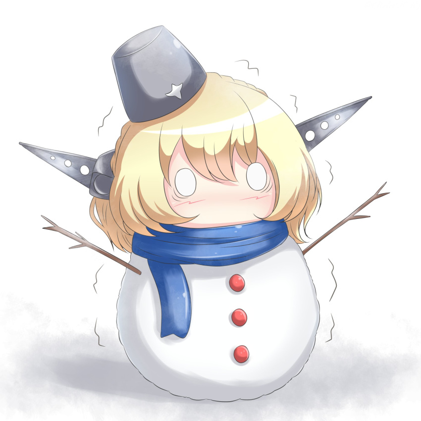 1girl bangs blonde_hair blue_scarf blush buttons chibi colorado_(kancolle) empty_eyes garrison_cap hat headgear highres kantai_collection riretsuto scarf short_hair simple_background snowman solid_eyes trembling twig