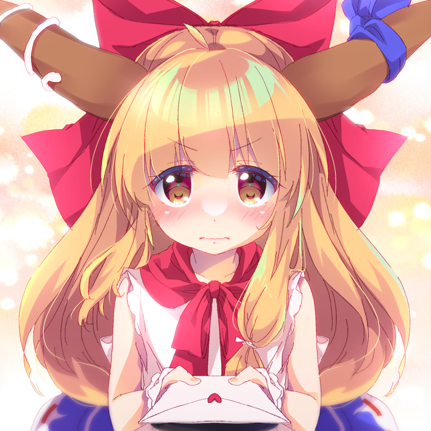 1girl bangs blonde_hair blue_bow blue_skirt blush bow brown_eyes brown_horns closed_mouth commentary_request commission confession enjoy_mix flat_chest hair_bow heart highres holding holding_letter horn_bow horn_ornament horns ibuki_suika incoming_gift letter long_hair looking_at_viewer red_bow red_scarf scarf shirt sidelocks skeb_commission skirt sleeveless sleeveless_shirt solo touhou upper_body v-shaped_eyebrows very_long_hair wavy_mouth white_shirt wrist_cuffs