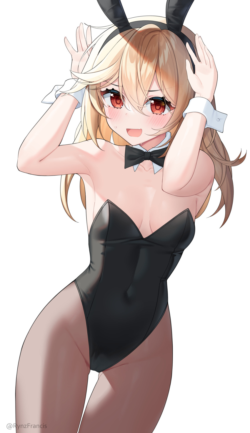 1girl absurdres animal_ears arms_up bangs black_bow black_bowtie black_pantyhose blonde_hair blush bow bowtie breasts collarbone covered_navel cuff_links detached_collar fake_animal_ears fang girls'_frontline hair_between_eyes highres long_hair looking_at_viewer nagant_revolver_(girls'_frontline) open_mouth pantyhose playboy_bunny rabbit_ears red_eyes rynzfrancis simple_background skin_fang small_breasts smile solo twitter_username white_background