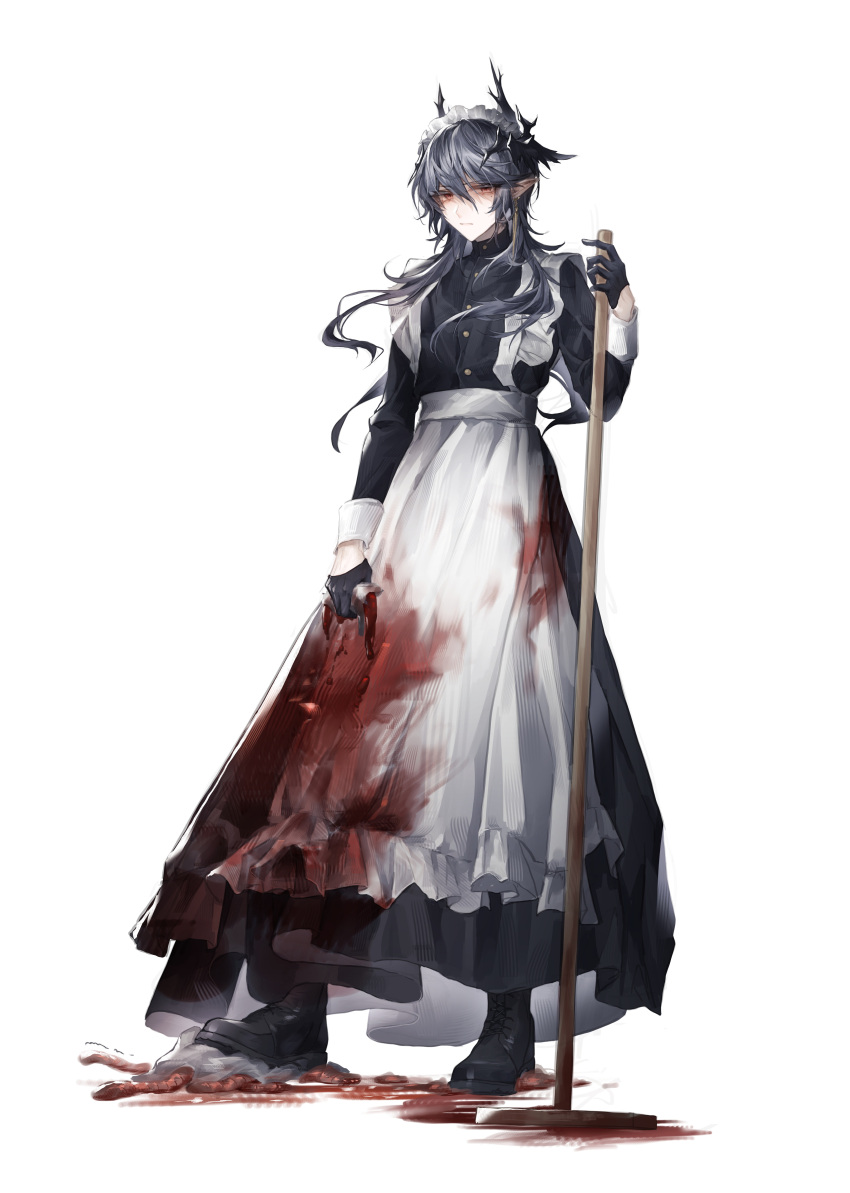 1boy absurdres alternate_costume apron arknights black_dress black_footwear black_gloves blood blood_on_clothes boots buttons chinese_commentary closed_mouth commentary demon_horns dress enmaided floating_hair full_body gloves grey_hair hair_between_eyes half_gloves highres holding holding_mop horns logos_(arknights) long_hair looking_at_viewer maid maid_apron maid_headdress male_focus mole mole_under_eye monster mop pointy_ears red_eyes solo takano_jiyuu touch_of_sanguinarch_(arknights) white_apron