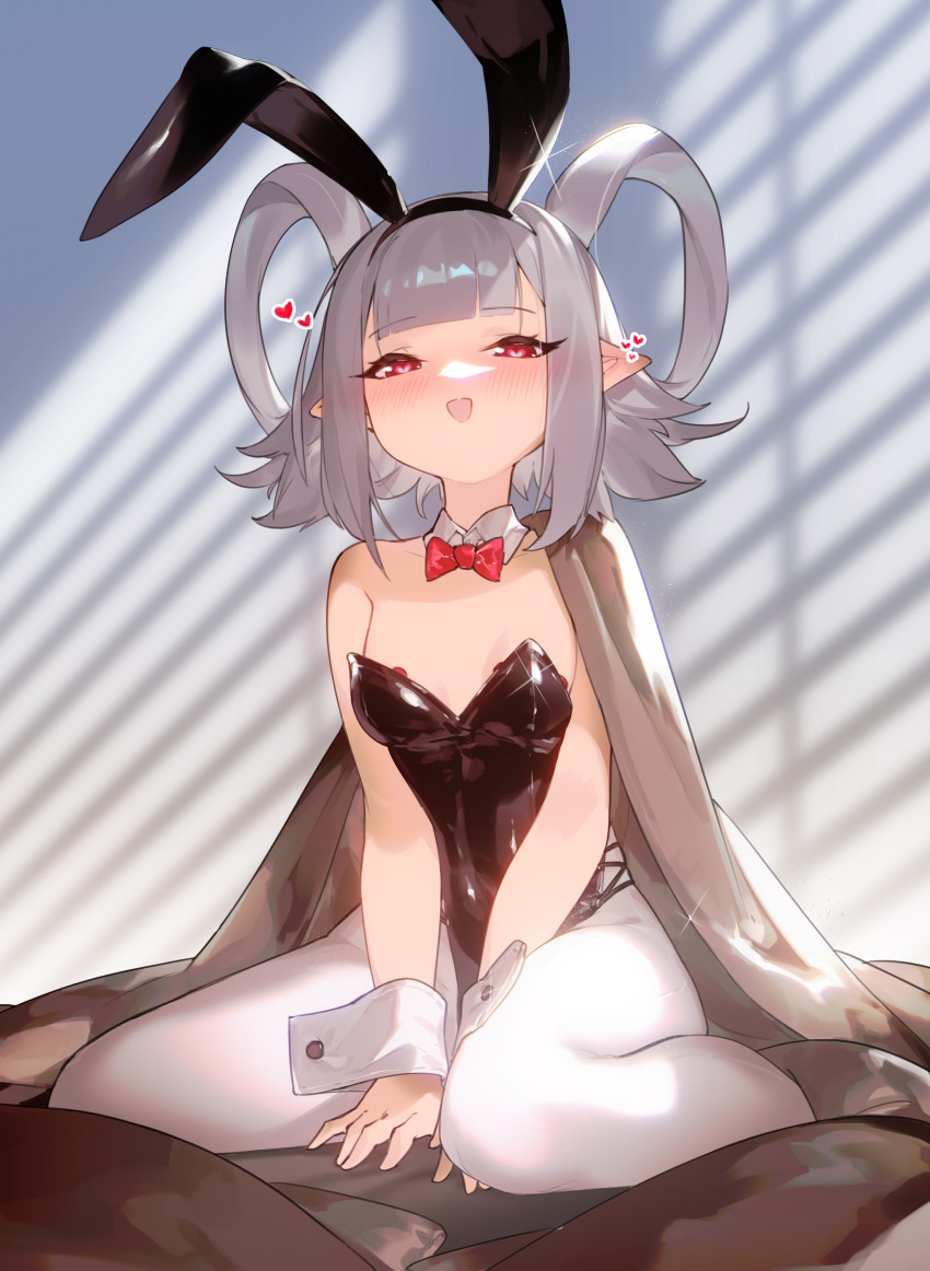 1girl absurdres animal_ears bakhay10 bangs bare_arms bare_shoulders black_leotard blush bow bowtie breasts cloak detached_collar fake_animal_ears glasses grey_hair heart heart-shaped_pupils highres leotard looking_at_viewer open_mouth original pantyhose playboy_bunny pointy_ears rabbit_ears red_bow red_bowtie red_eyes short_hair side-tie_leotard sidelocks sitting small_breasts solo strapless strapless_leotard symbol-shaped_pupils wariza white_pantyhose wrist_cuffs
