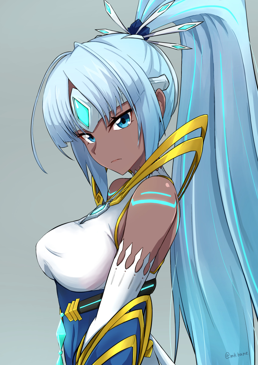 1girl artist_name bare_shoulders blue_eyes blue_hair breasts chest_jewel circlet closed_mouth dark-skinned_female dark_skin detached_sleeves dress elbow_gloves forehead_jewel gloves glowing grey_background highres large_breasts long_hair looking_at_viewer makibane_(mkbane) perun_(xenoblade) ponytail simple_background solo upper_body very_long_hair white_dress white_gloves xenoblade_chronicles_(series) xenoblade_chronicles_2