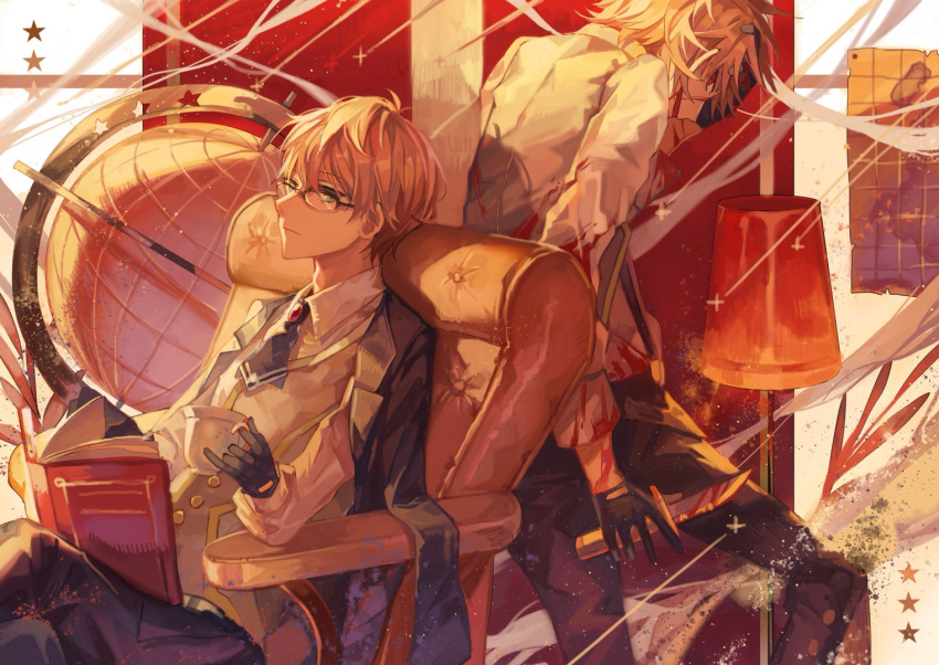 2boys armchair ascot back-to-back black_ascot black_gloves black_jacket black_pants blonde_hair blood blood_on_clothes blood_on_weapon book brooch brown_vest chair closed_mouth collared_shirt crossed_legs cup dual_persona evil_smile expressionless fate/grand_order fate_(series) feet_out_of_frame glasses globe gloves green_eyes hair_between_eyes hand_in_own_hair hand_on_own_head holding holding_cup holding_knife jacket jacket_on_shoulders jekyll_and_hyde_(fate) jewelry knife lamp light_particles looking_at_viewer male_focus map multiple_boys open_book pants parted_lips profile reading red_eyes sepia shirt short_hair sideways_glance sitting smile standing star_(symbol) suspenders tan_background teacup tsugutoku vest weapon white_background white_shirt