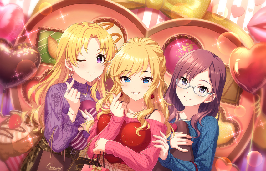 3girls bag balloon blonde_hair blush brown_hair chocolate finger_heart glasses grin heart heart_balloon holding holding_bag idolmaster idolmaster_cinderella_girls idolmaster_cinderella_girls_starlight_stage kiryu_tsukasa_(idolmaster) lens_flare multiple_girls off-shoulder_sweater off_shoulder official_art ohtsuki_yui ribbed_sweater shopping_bag smile sparkle sweater wavy_hair yagami_makino