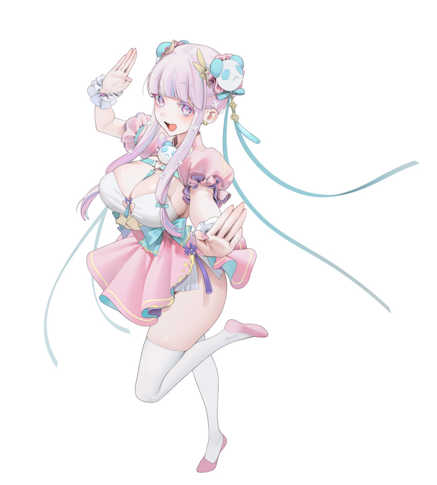 1girl alternate_costume aqua_bow aqua_ribbon azur_lane bangs bow breasts bun_cover chest_harness cleavage cleavage_cutout clothing_cutout colored_eyelashes feet_up fingernails frilled_wristband hair_ornament hair_ribbon harness heart_cutout heart_o-ring highres huge_breasts looking_at_viewer multicolored_hair nail_polish ohisashiburi open_mouth panda_hair_ornament panda_ornament pink_footwear pink_nails pink_skirt plymouth_(azur_lane) purple_eyes purple_hair ribbon simple_background skirt smile solo streaked_hair teeth thighhighs thighs white_background white_thighhighs white_wristband