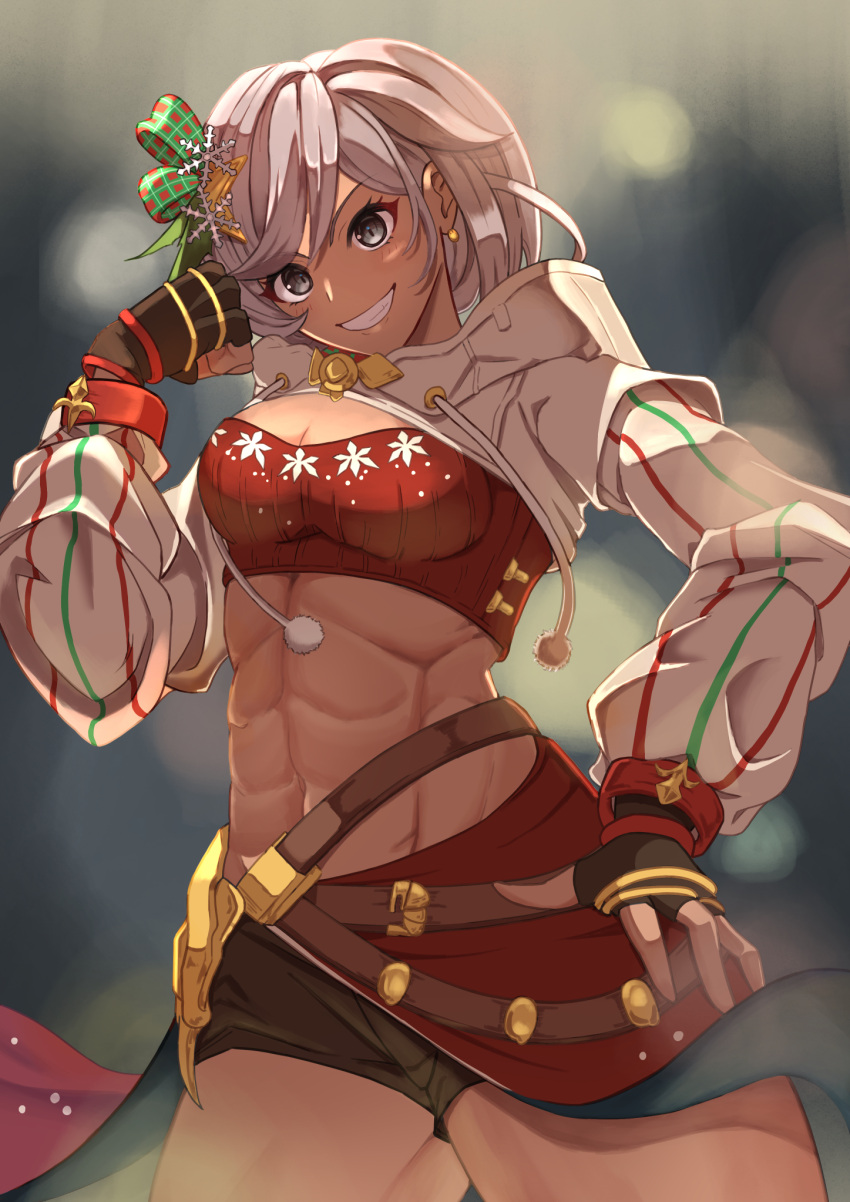1girl abs bandeau bangs black_gloves black_shorts breasts cape cleavage clenched_hand commentary_request cowboy_shot crop_top dark-skinned_female dark_skin drawstring earrings fingerless_gloves fiorito_(granblue_fantasy) gloves granblue_fantasy grey_hair grin groin hair_between_eyes hair_ornament hair_ribbon hand_up highres hood hood_down hooded_jacket jacket jewelry long_sleeves looking_at_viewer medium_breasts midriff muscular muscular_female navel official_alternate_costume red_bandeau red_cape ribbon rizzy short_hair short_shorts shorts shrug_(clothing) sidelocks smile snowflake_hair_ornament solo standing standing_on_one_leg teeth waist_cape white_jacket