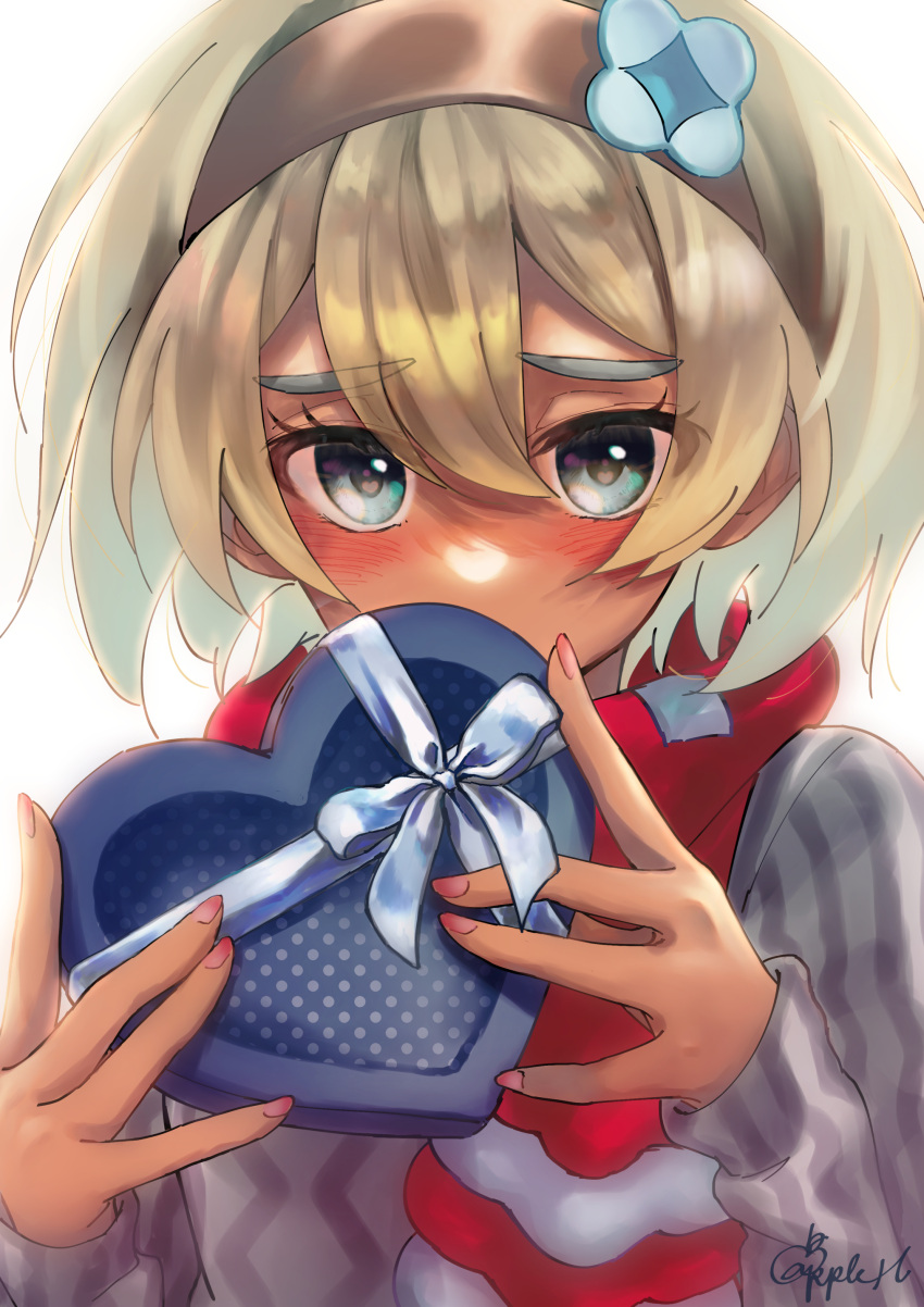 1girl absurdres bangs bea_(palentine's_2022)_(pokemon) bea_(pokemon) blonde_hair blush box brown_hairband commentary_request eyelashes fingernails gift gift_box grey_sweater hair_between_eyes hairband hands_up heart-shaped_box highres holding holding_box holding_gift looking_at_viewer minatoya_ringo official_alternate_costume pokemon pokemon_(game) pokemon_masters_ex red_scarf ribbon scarf short_hair signature solo sweater upper_body white_background