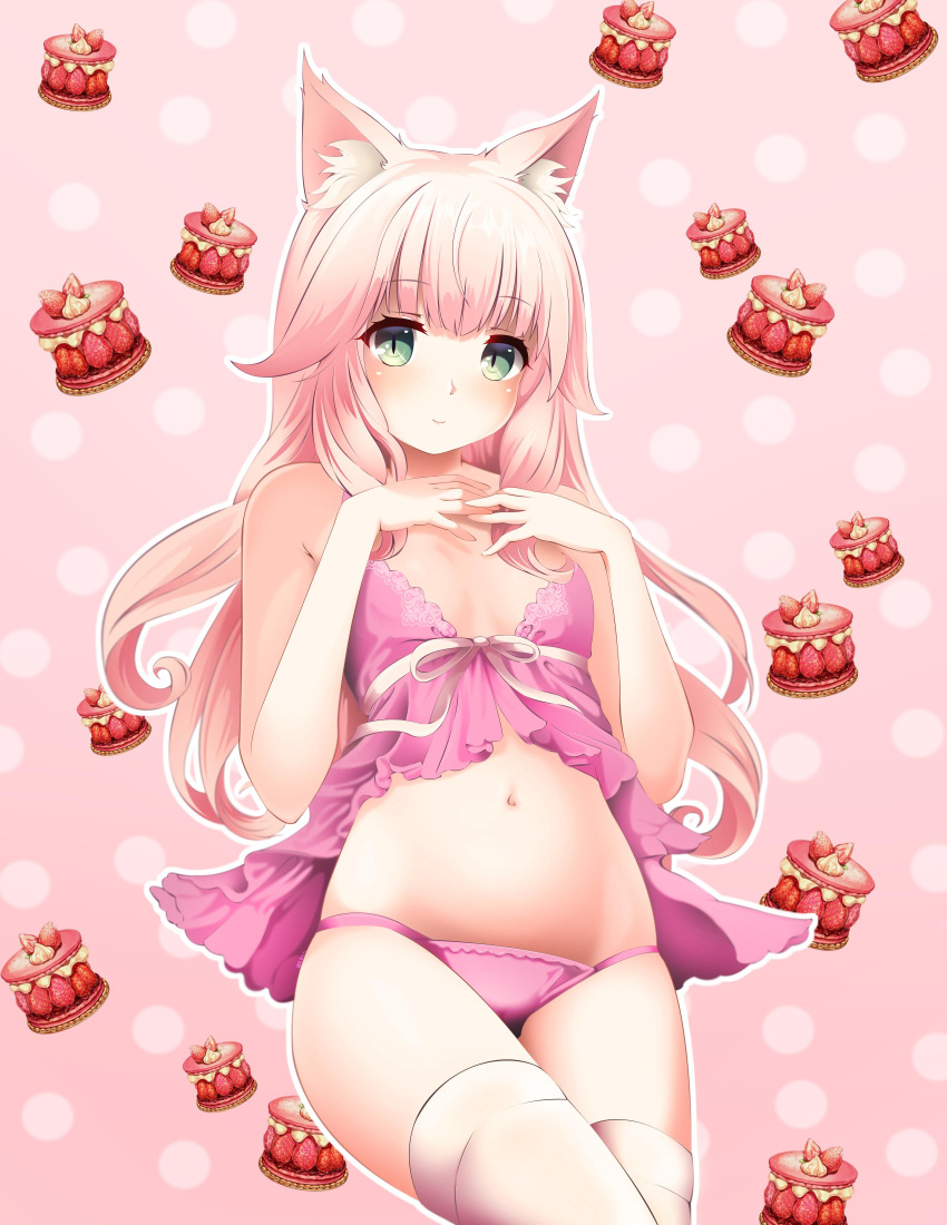 1girl absurdres animal_ear_fluff animal_ears bad_link breasts cat_ears cat_girl cat_tail food fraise_(nekopara) green_eyes hands_on_own_chest highres komaru_chan lingerie navel negligee nekopara panties pastry pink_hair pink_panties ribbon simple_background slit_pupils small_breasts tail thighhighs underwear