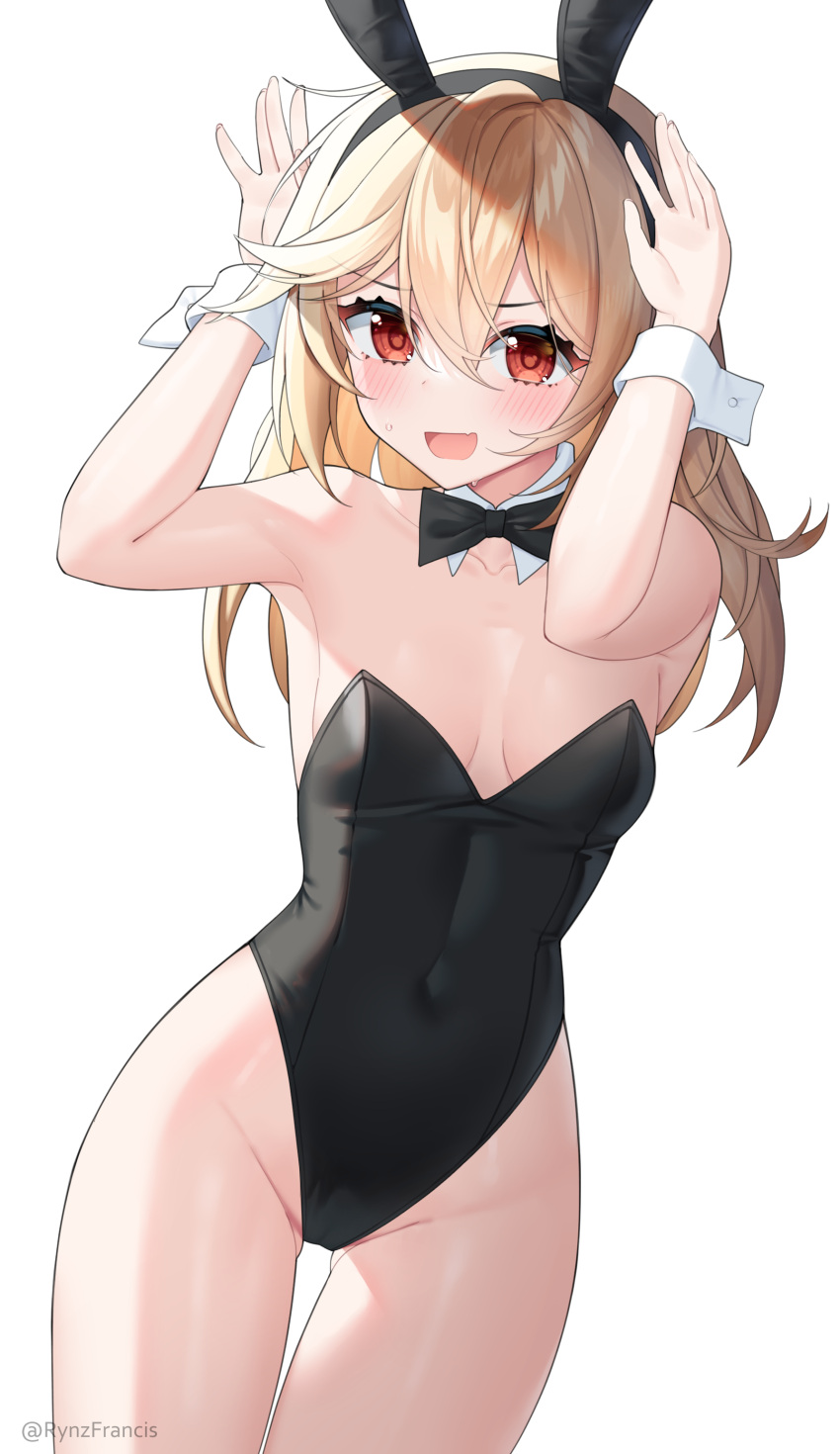 1girl absurdres animal_ears arms_up bangs black_bow black_bowtie blonde_hair blush bow bowtie breasts collarbone covered_navel cuff_links detached_collar fake_animal_ears fang girls'_frontline hair_between_eyes highres long_hair looking_at_viewer nagant_revolver_(girls'_frontline) open_mouth pantyhose playboy_bunny rabbit_ears red_eyes rynzfrancis simple_background skin_fang small_breasts smile solo twitter_username white_background