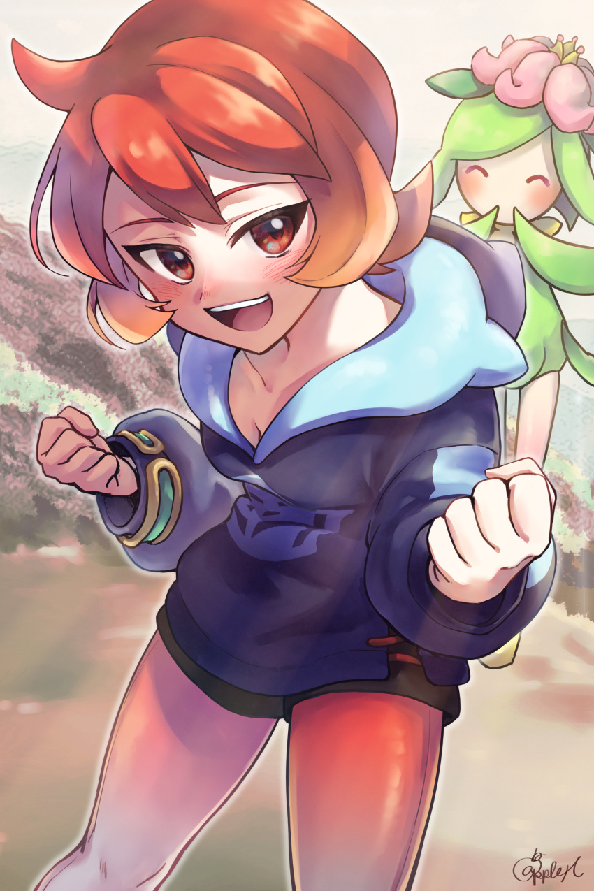 1girl :d absurdres arezu_(pokemon) bangs black_shorts blue_jacket blush bracelet breasts brown_eyes cleavage clenched_hands commentary_request cowlick day highres hisuian_lilligant hood hood_down hoodie jacket jewelry long_sleeves looking_at_viewer minatoya_ringo open_mouth orange_hair orange_pantyhose outdoors pantyhose pokemon pokemon_(creature) pokemon_(game) pokemon_legends:_arceus short_hair short_shorts shorts smile teeth tongue upper_teeth_only