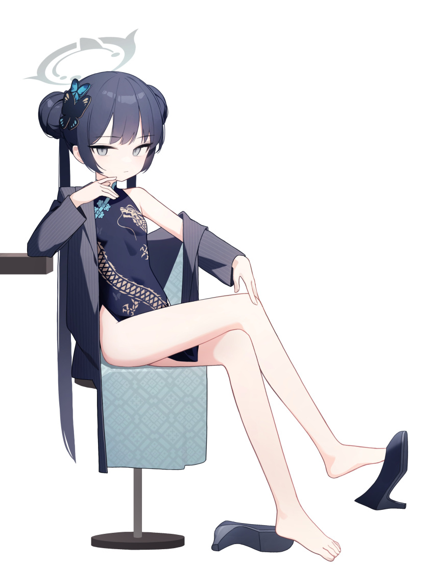 1girl absurdres bangs bare_legs barefoot black_dress black_footwear black_hair black_jacket blue_archive breasts butterfly_hair_ornament china_dress chinese_clothes closed_mouth commentary crossed_legs doribae double_bun dragon_print dress full_body grey_eyes hair_bun hair_ornament halo high_heels highres jacket kisaki_(blue_archive) long_hair long_sleeves looking_at_viewer off_shoulder pelvic_curtain shoe_dangle shoes shoes_removed short_dress simple_background sitting small_breasts solo stool striped striped_jacket twintails white_background