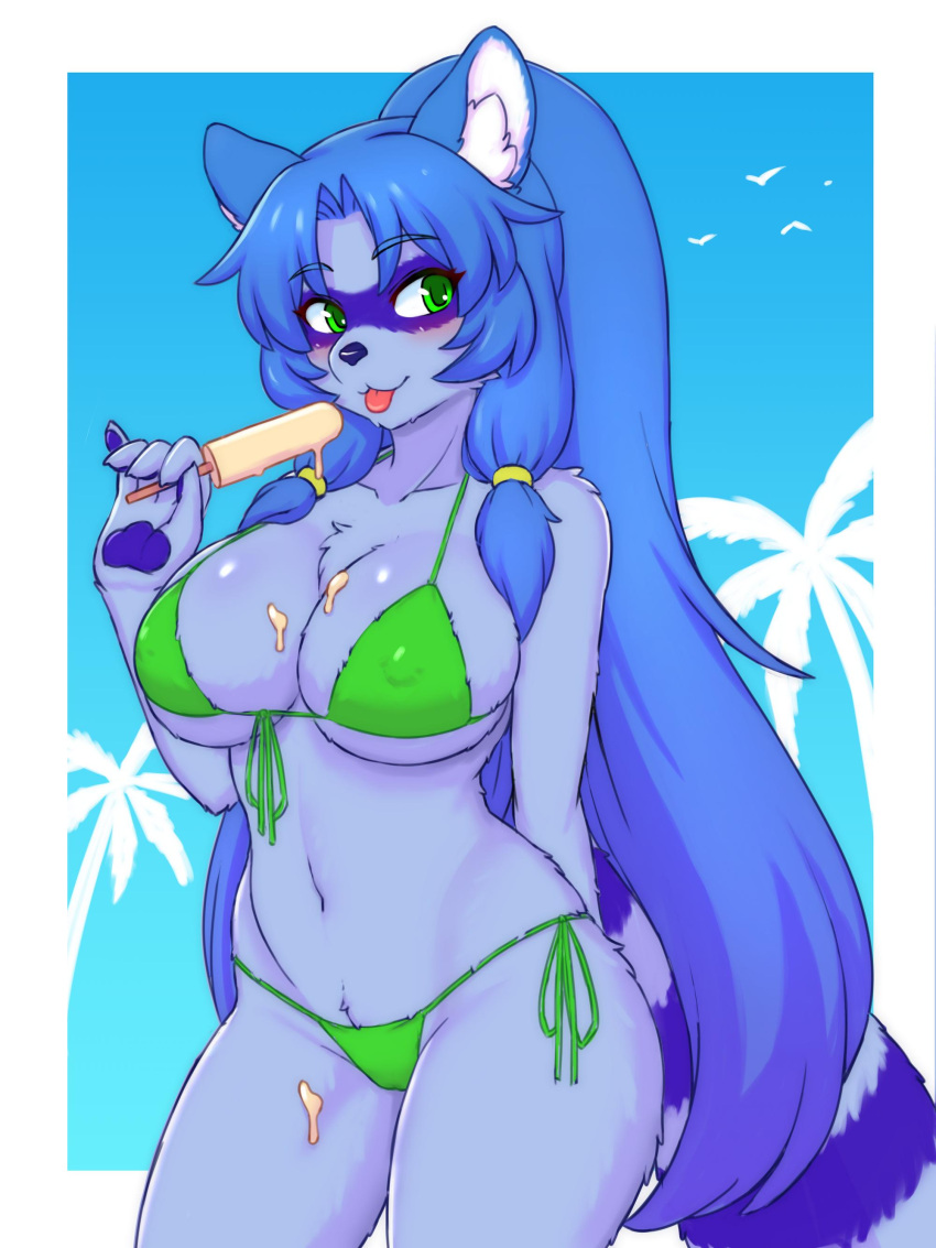 absurd_res anthro bikini blue_hair breasts cleavage clothed clothing crotch_lines crotch_tuft curvy_figure dobrota female food food_fetish front-tie_bikini green_bikini green_clothing green_swimwear hair hi_res holding_food holding_object holding_popsicle hourglass_figure long_hair mammal micro_bikini navel nipple_outline ponytail popsicle popsicle_melting procyonid raccoon shalt_ambroise_(taorusama) side-tie_bikini side_boob simple_background skimpy skimpy_bikini solo standing string_bikini suggestive suggestive_food swimwear tongue tongue_out tuft under_boob