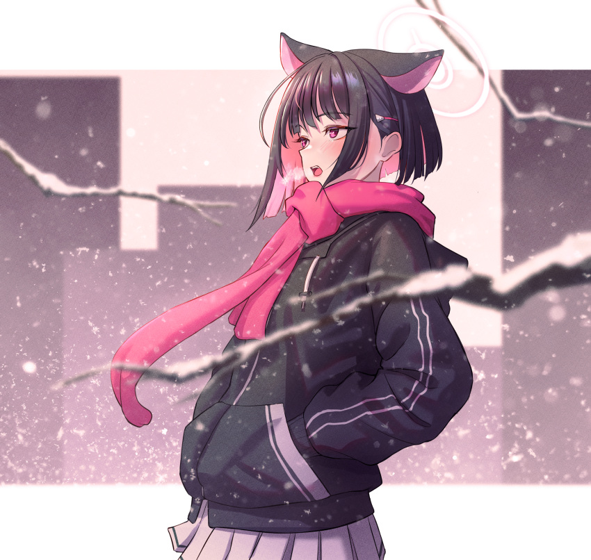 1girl animal_ears black_hair black_jacket blue_archive blurry blush breath colored_inner_hair depth_of_field english_commentary extra_ears from_side hair_ornament hairclip halo hands_in_pockets highres hood hood_down hooded_jacket jacket kazusa_(blue_archive) looking_afar multicolored_hair nyanom open_mouth pink_eyes pink_hair pink_scarf pleated_skirt scarf short_hair skirt snow solo two-tone_hair white_skirt