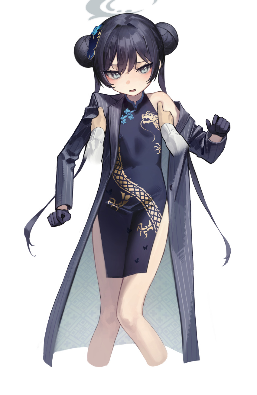 1girl 1other absurdres black_dress black_gloves black_hair blue_archive blush breasts butterfly_hair_ornament china_dress chinese_clothes coat double_bun dragon dragon_print dress eastern_dragon gloves grey_eyes hair_bun hair_ornament halo highres jacket kisaki_(blue_archive) lifted_by_another lifting_person long_hair looking_at_viewer off_shoulder side_slit simple_background single_bare_shoulder sleeveless small_breasts twintails yoon_cook