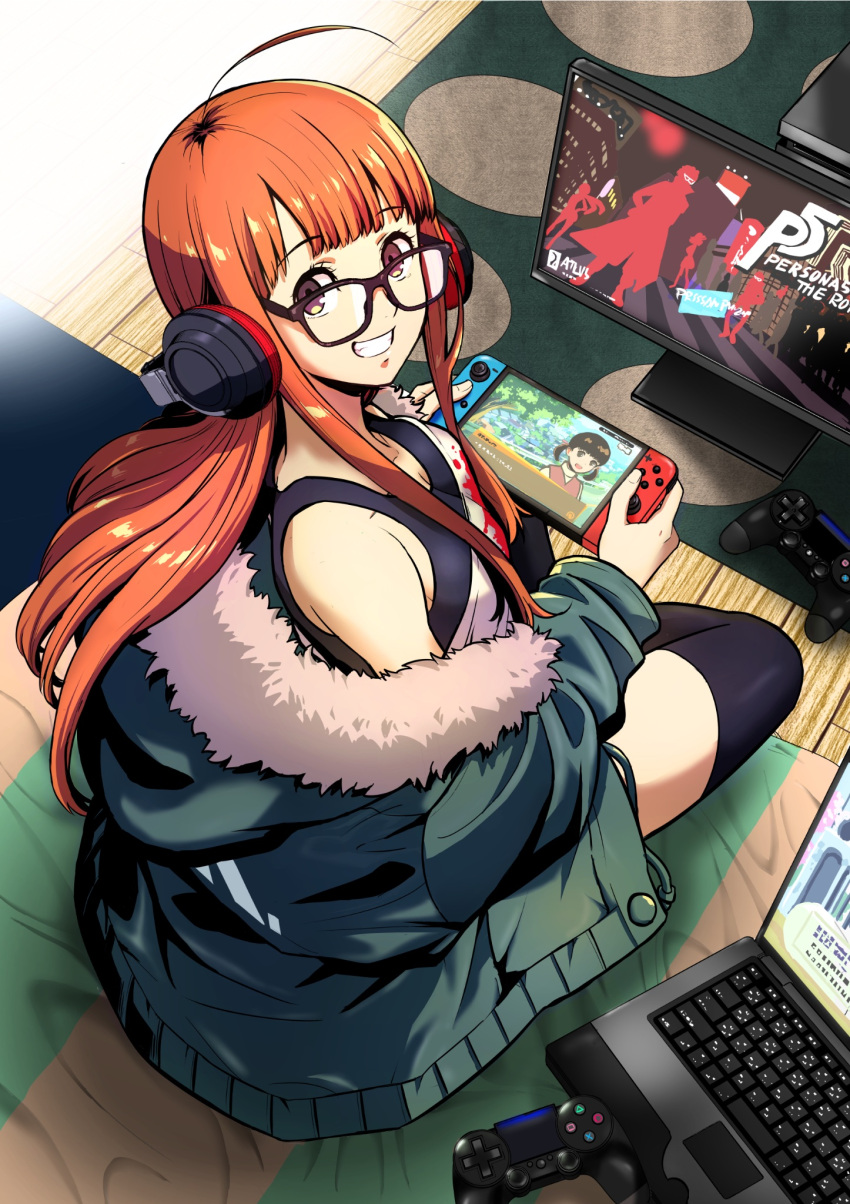 1girl ahoge amamiya_ren atlus bangs black_thighhighs breasts brown_eyes commentary_request computer doujima_nanako from_above from_behind full_body fur-trimmed_jacket fur_trim green_jacket grin handheld_game_console headphones highres holding holding_handheld_game_console indoors ito_(daisukidanchi) jacket laptop long_hair looking_at_viewer looking_back looking_up monitor niijima_makoto nintendo_switch off_shoulder okumura_haru orange_hair persona persona_3 persona_3_portable persona_4 persona_4_the_golden persona_5 persona_5_the_royal playing_games playstation_controller sakamoto_ryuuji screen sidelocks silhouette sitting small_breasts smile solo thighhighs video_game