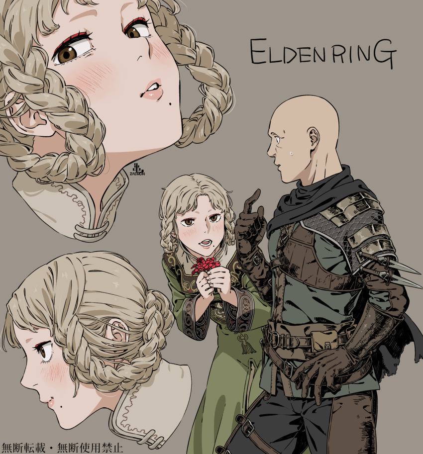 1boy 1girl arched_back armor bald blonde_hair braid brown_eyes cape chinese_text dress elden_ring embarrassed eyeliner gloves highres kamezaemon knife leather leather_armor leather_gloves looking_at_viewer makeup mole mole_under_mouth open_mouth patches_(from_software) puckered_lips rya_(elden_ring) simple_background throwing_knife twin_braids weapon