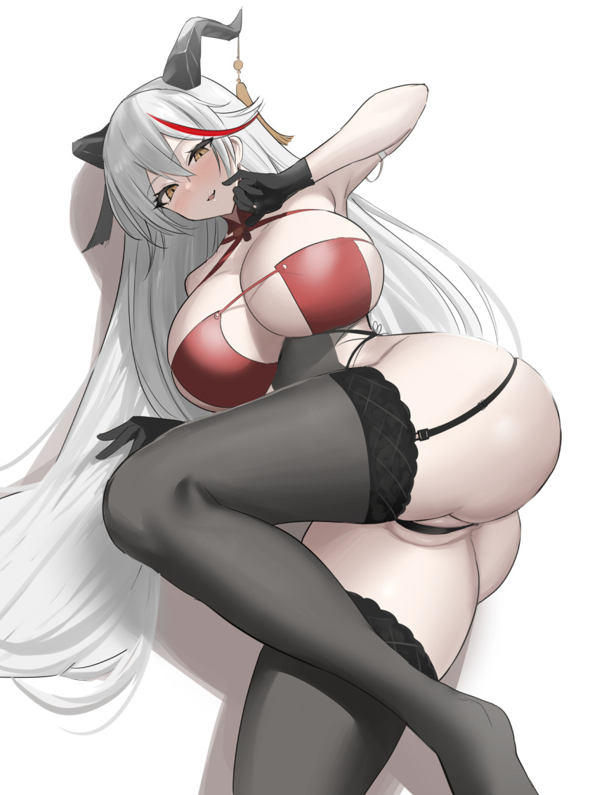 1girl aegir_(azur_lane) arm_strap armpits azur_lane bangs bare_shoulders black_garter_straps black_gloves black_thighhighs blush breasts brown_eyes cleavage gloves grey_hair highres horn_ornament horns huge_breasts long_hair multicolored_hair nanae parted_lips red_hair simple_background smile streaked_hair thighhighs thighs white_background