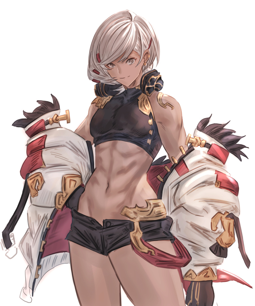 1girl absurdres bangs bare_shoulders black_gloves black_shirt black_shorts breasts closed_mouth coat commentary cowboy_shot crop_top dark-skinned_female dark_skin earclip earrings fiorito_(granblue_fantasy) gloves granblue_fantasy groin hair_between_eyes hair_ornament hairclip hand_on_hip highres jewelry looking_at_viewer midriff mou_pl muscular muscular_female navel off_shoulder shirt short_hair short_shorts shorts sidelocks simple_background sleeveless sleeveless_shirt small_breasts smile solo standing white_background white_coat white_hair