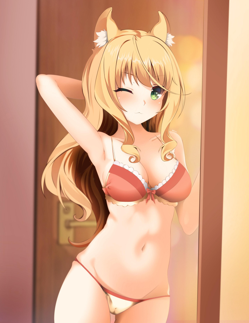 1girl :3 absurdres animal_ear_fluff animal_ears arm_behind_head bad_link blonde_hair bra breasts cameltoe cat_ears cat_girl cat_tail frills green_eyes highres komaru_chan maple_(nekopara) medium_breasts nekopara one_eye_closed panties ribbon slit_pupils tail underwear