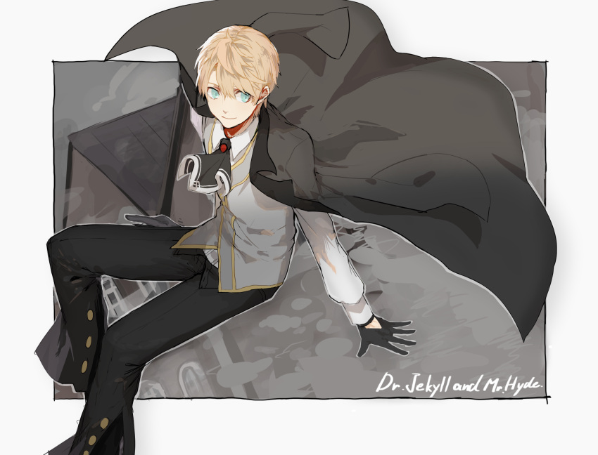 1boy ascot black_ascot black_gloves black_jacket black_pants blonde_hair blue_eyes brooch character_name collared_shirt fate/grand_order fate_(series) feet_out_of_frame floating_clothes gloves grey_vest hair_between_eyes highres house jacket jacket_on_shoulders jekyll_and_hyde_(fate) jewelry looking_to_the_side male_focus outside_border pants shirt short_hair sitting smile solo vegg vest white_shirt