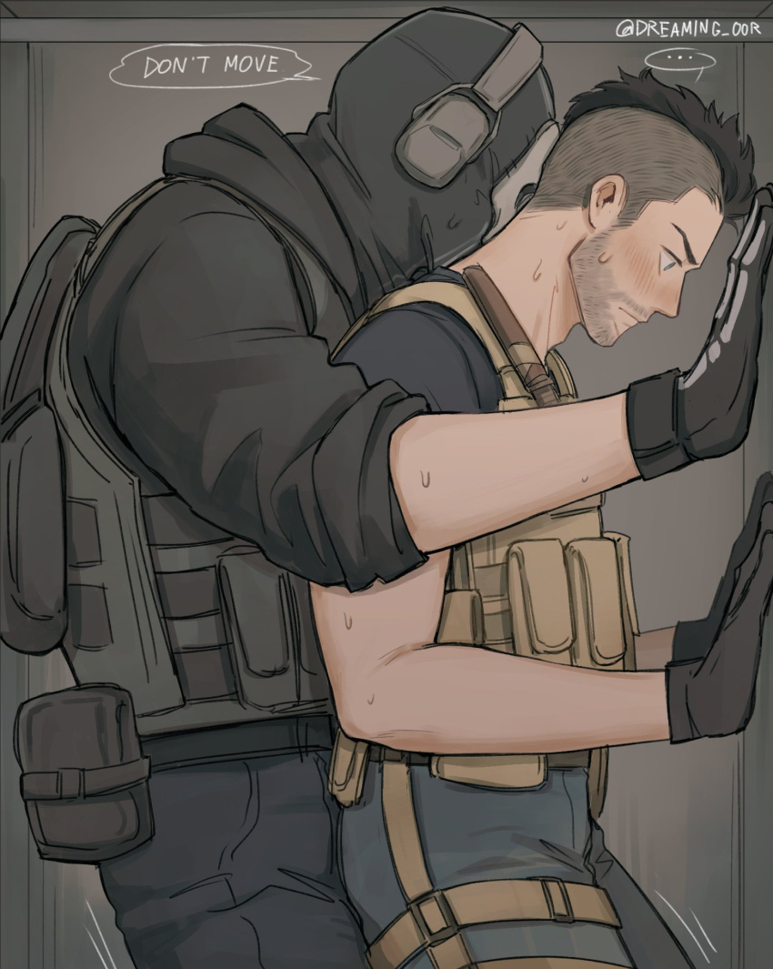 2boys bara black_gloves black_hair black_shirt blush call_of_duty:_modern_warfare_2 closet couple dreaming_oor dry_humping english_text from_side ghost_(modern_warfare_2) gloves highres humping in_locker leather male_focus mask military military_uniform mohawk motion_lines multiple_boys shirt skull_mask soap_(modern_warfare_2) sweatdrop uniform yaoi