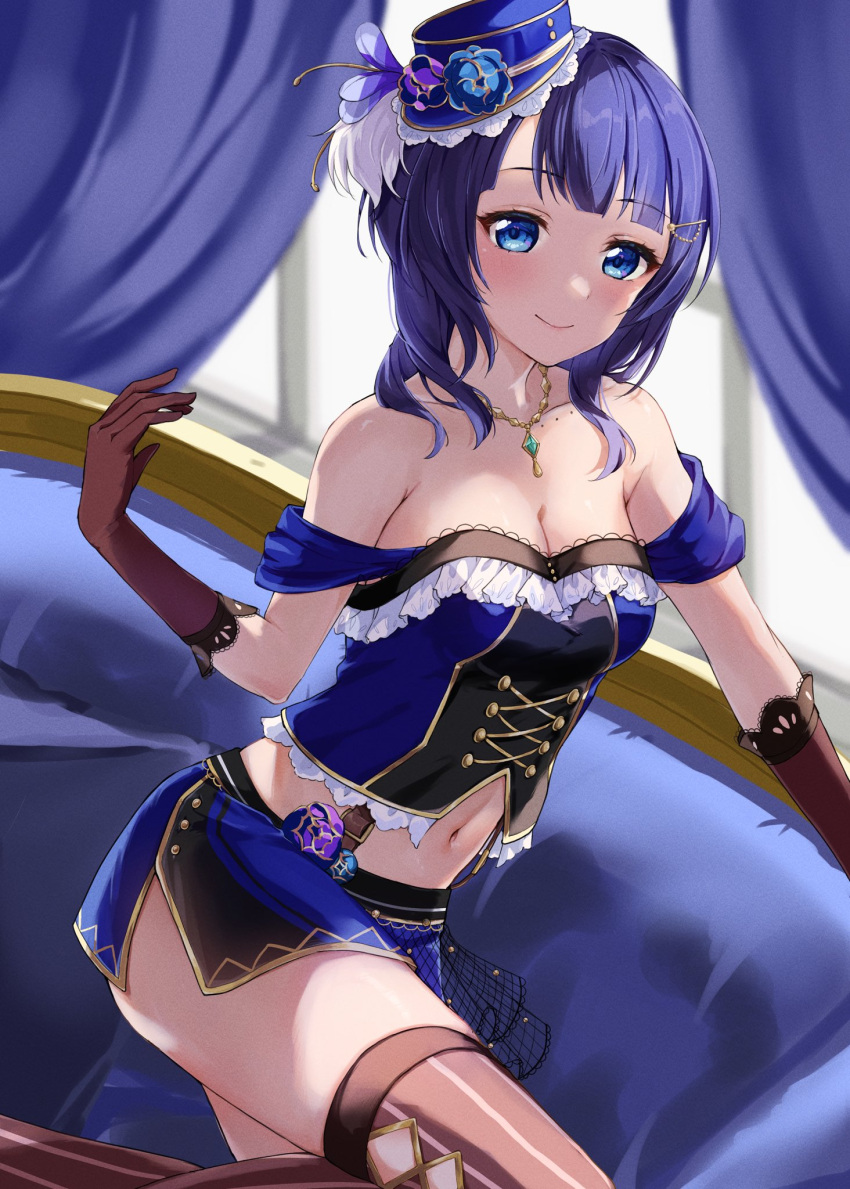 1girl argyle argyle_cutout asaka_karin bangs bare_shoulders black_gloves blue_eyes blue_hair blue_headwear blue_shirt blue_skirt blush breasts brown_thighhighs cleavage closed_mouth clothing_cutout couch crop_top cross-laced_clothes curtains elbow_gloves frilled_shirt frills gloves gold_trim hair_ornament hat highres idol jewelry kneeling looking_at_viewer love_live! love_live!_nijigasaki_high_school_idol_club medium_breasts medium_hair midriff mini_hat navel necklace on_couch pendant shirt side_slit skirt smile solo stomach suspenders swept_bangs thighhighs thighs two-tone_shirt two-tone_skirt yoshinon_(yoshinon_kotori)