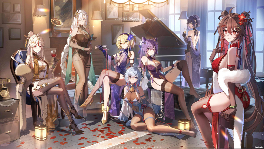 6+girls absurdres ahoge alternate_costume ass backless_dress backless_outfit bell black_dress black_hair blonde_hair blue_dress blue_hair braid braided_ponytail breasts brown_hair chandelier china_dress chinese_clothes dress ganyu_(genshin_impact) genshin_impact highres hu_tao_(genshin_impact) indoors instrument keqing_(genshin_impact) large_breasts lumine_(genshin_impact) medium_breasts multiple_girls neck_bell ningguang_(genshin_impact) pelvic_curtain petals piano picture_frame purple_dress purple_hair red_dress shenhe_(genshin_impact) white_hair yelan_(genshin_impact) yolanda