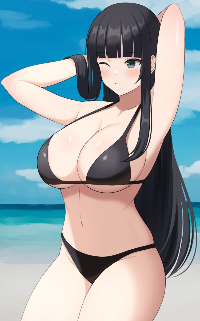 1girl aqua_eyes arms_behind_head arms_up bangs beach bikini black_bikini black_hair blue_sky blunt_bangs blush breasts closed_mouth cloud cowboy_shot day highres hime_cut ikaruga_(senran_kagura) large_breasts long_hair navel ocean one_eye_closed outdoors senran_kagura sky solo stomach straight_hair surippa1010 swimsuit thighs very_long_hair