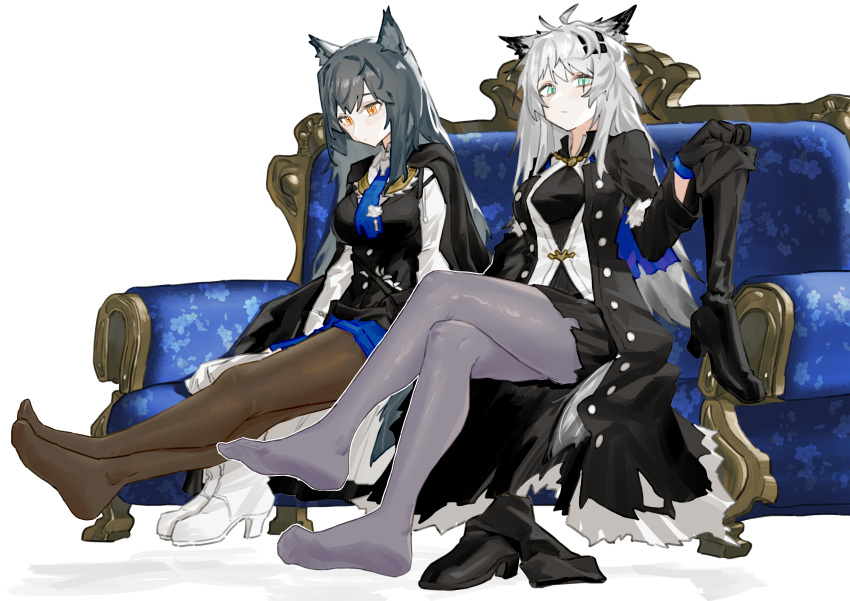 2girls absurdres animal_ear_fluff animal_ears arknights black_cape black_coat black_jacket black_pantyhose black_vest blue_gloves blue_necktie blue_shorts boots boots_removed cape coat coat_on_shoulders feet gloves grey_eyes highres holding holding_boots holding_clothes holding_footwear jacket lappland_(arknights) lappland_(refined_horrormare)_(arknights) legs multiple_girls necktie no_shoes open_clothes open_coat pantyhose pantyhose_under_shorts renxzd scar scar_across_eye scar_on_face shorts soles tail texas_(arknights) texas_the_omertosa_(arknights) vest white_jacket wolf_ears wolf_girl wolf_tail